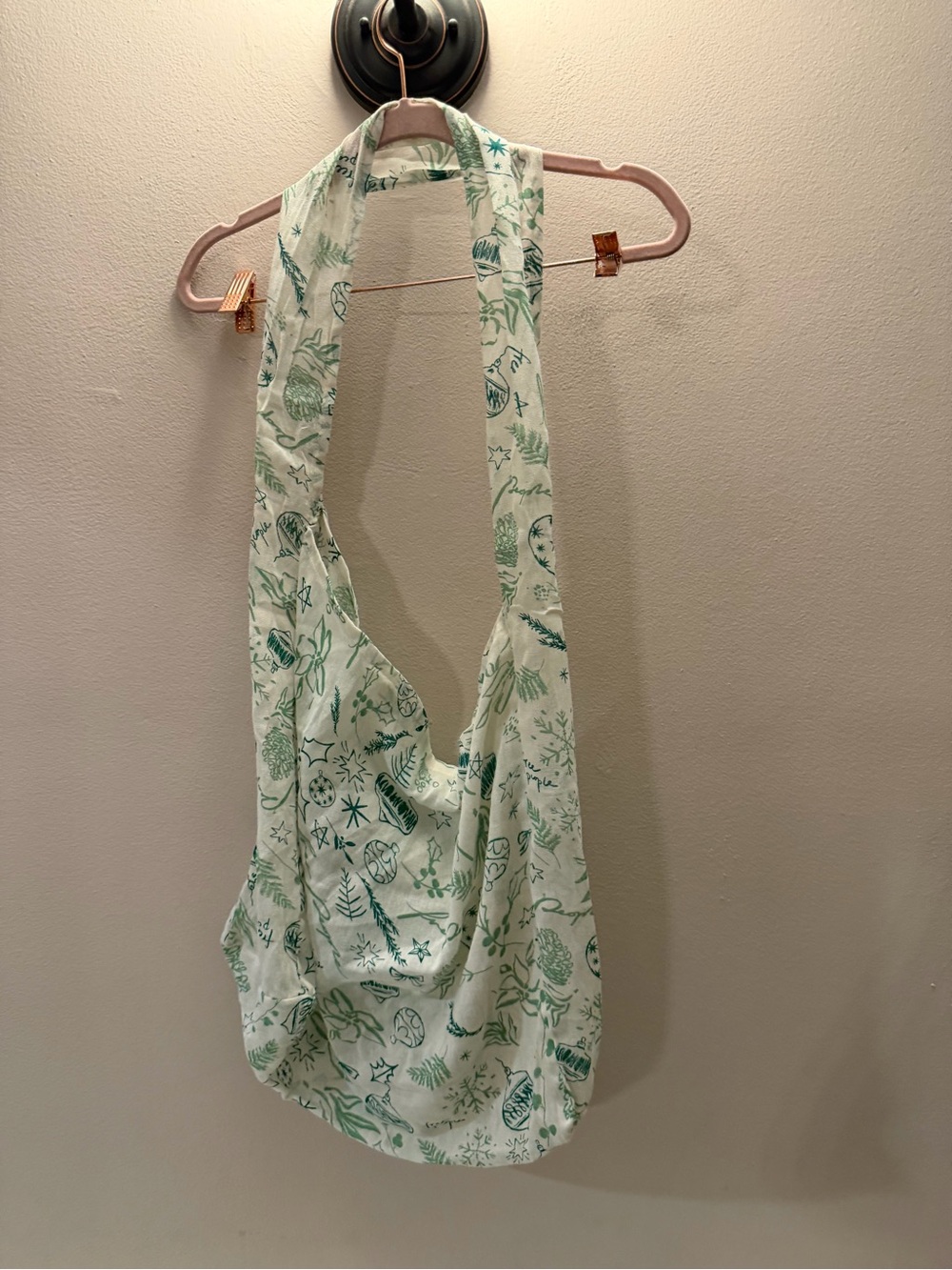 Free People Holiday Ornament Print Cotton Gauze Slouchy Tote Bag White Green